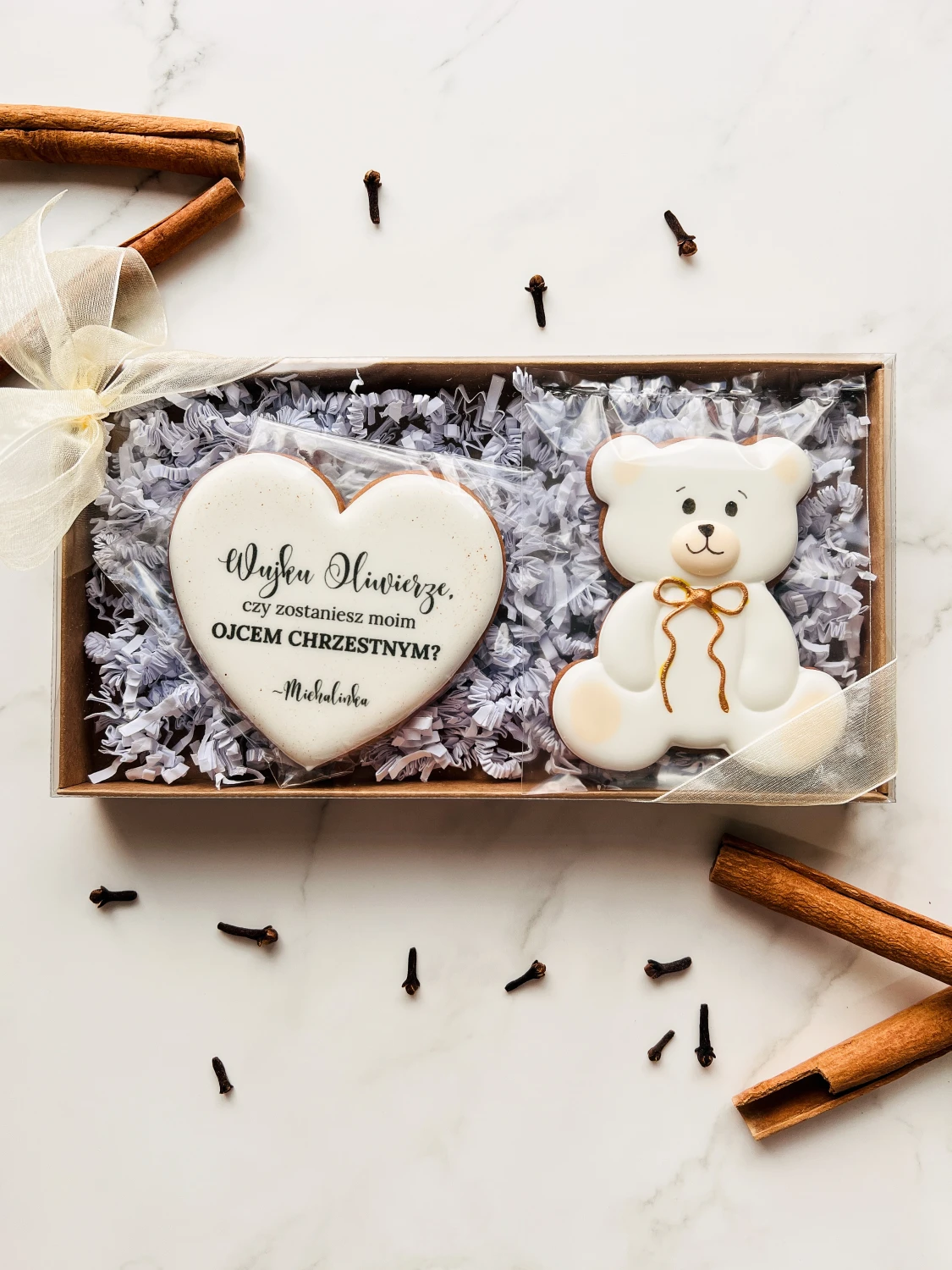 Box personalizowanych pierników dla przyszłego ojca chrzestnego